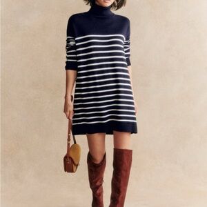 Sezane Merino Wool Short Dress with Long Sleeves (Navy/Ecru)
